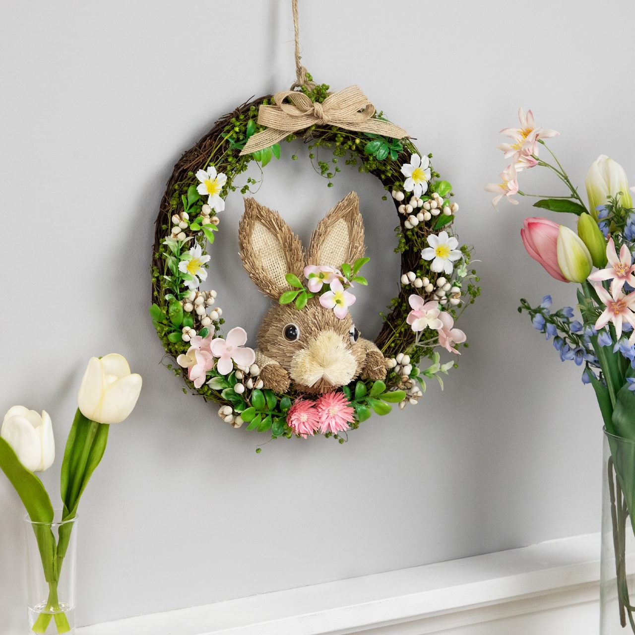11&#x22; Green &#x26; Pink Floral Wreath with Peering Rabbit